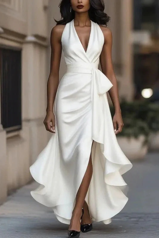 Lace Up Off Shoulder V-Neck Slim Pleated Irregular Maxi Dress