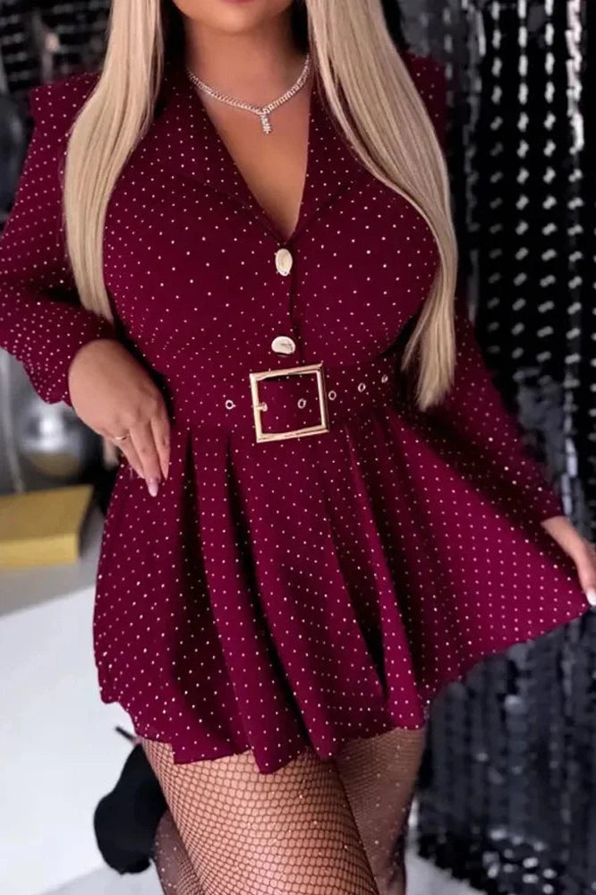 Elegant Long Sleeve Pleated High Waist Slim Printed Mini Dress