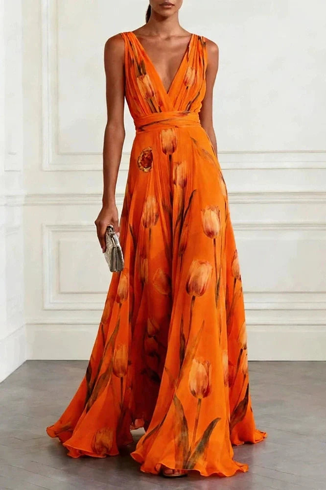 Sleeveless Pleated Printed High Waist V-Neck Maxi Dress