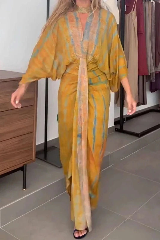Sleeves Loose Printed Tie-Up V-Neck High Waist Pleated Maxi Dress