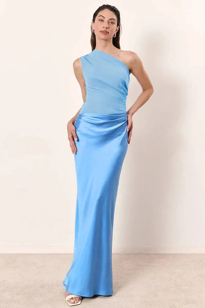 Inclined Shoulder Patchwork Sleeveless Backless Bodycon Maxi Dress