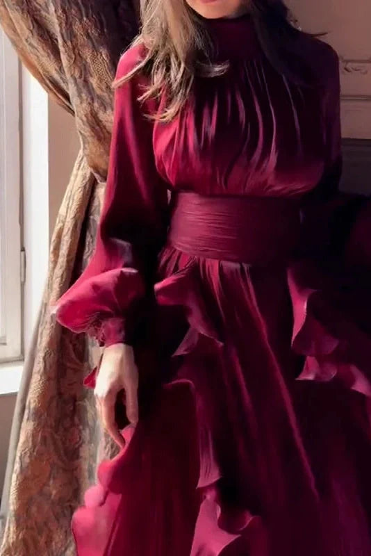 Elegant Pleated High Collar Long Sleeve High Waist Maxi Dress