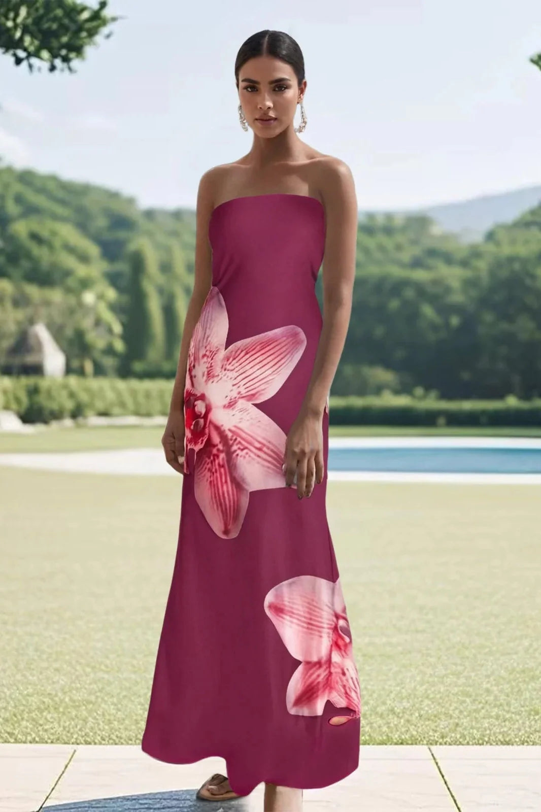 Sleeveless Off-Shoulder Flower Print Maxi Dress