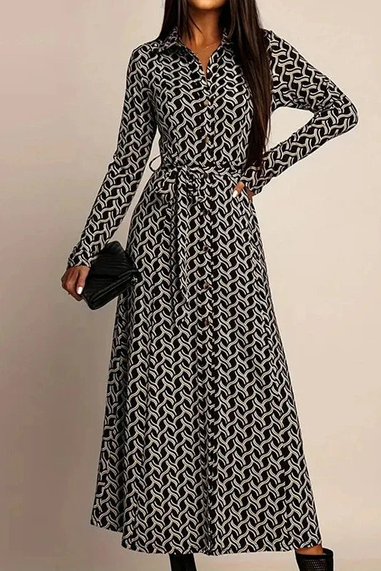 Printed High Waist Long Sleeve Pleat Midi Dress