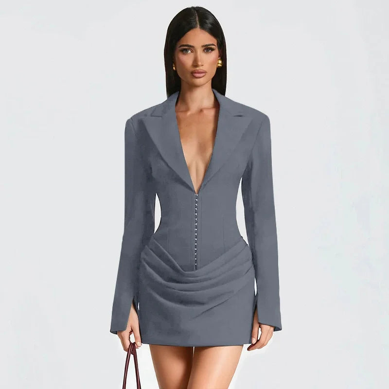 Deep V Neck Long Sleeve High Waist Mini Dress