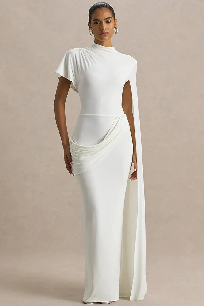 One Cape Sleeve O Neck High Collar High Waist Maxi Dress