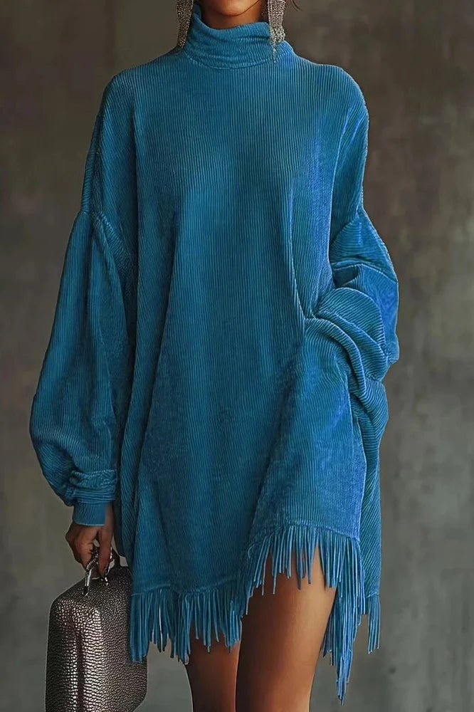 Elegant High Waist Long Sleeve High Collar Loose Mini Dress