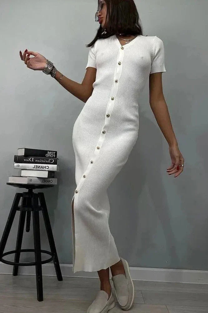 V-Neck Short Sleeve Patchwork Bodycon Midi Dress
