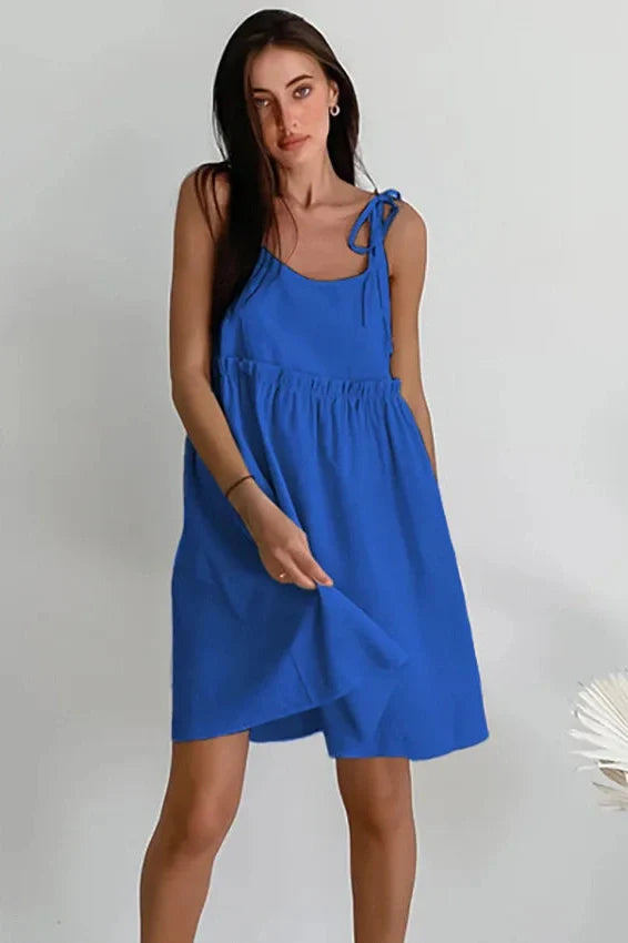 Spaghetti Strap Loose Cotton Lace Up Mini Dress