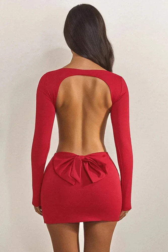 Hollow Out Backless Long Sleeve O Neck High Waist Mini Dress