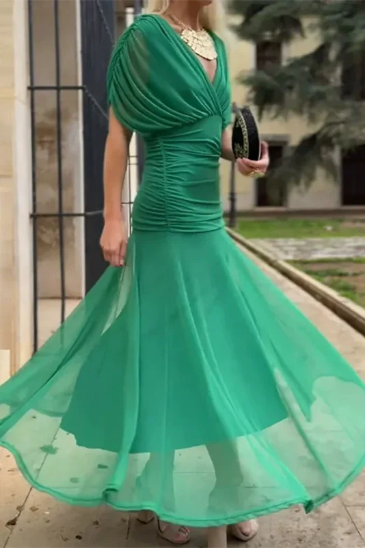Printed Shawl Sleeve High Waist Pleated V-Neck Off Shoulder Maxi Dress