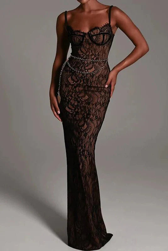 Elegant V Neck Sleeveless Lace Slim Maxi Dress