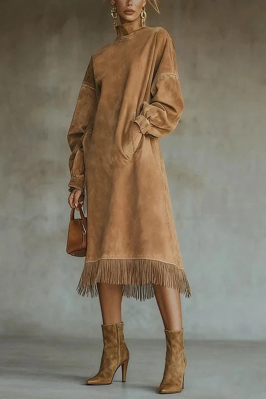Elegant High Collar Loose A-Line High Waist Pocket Midi Dress