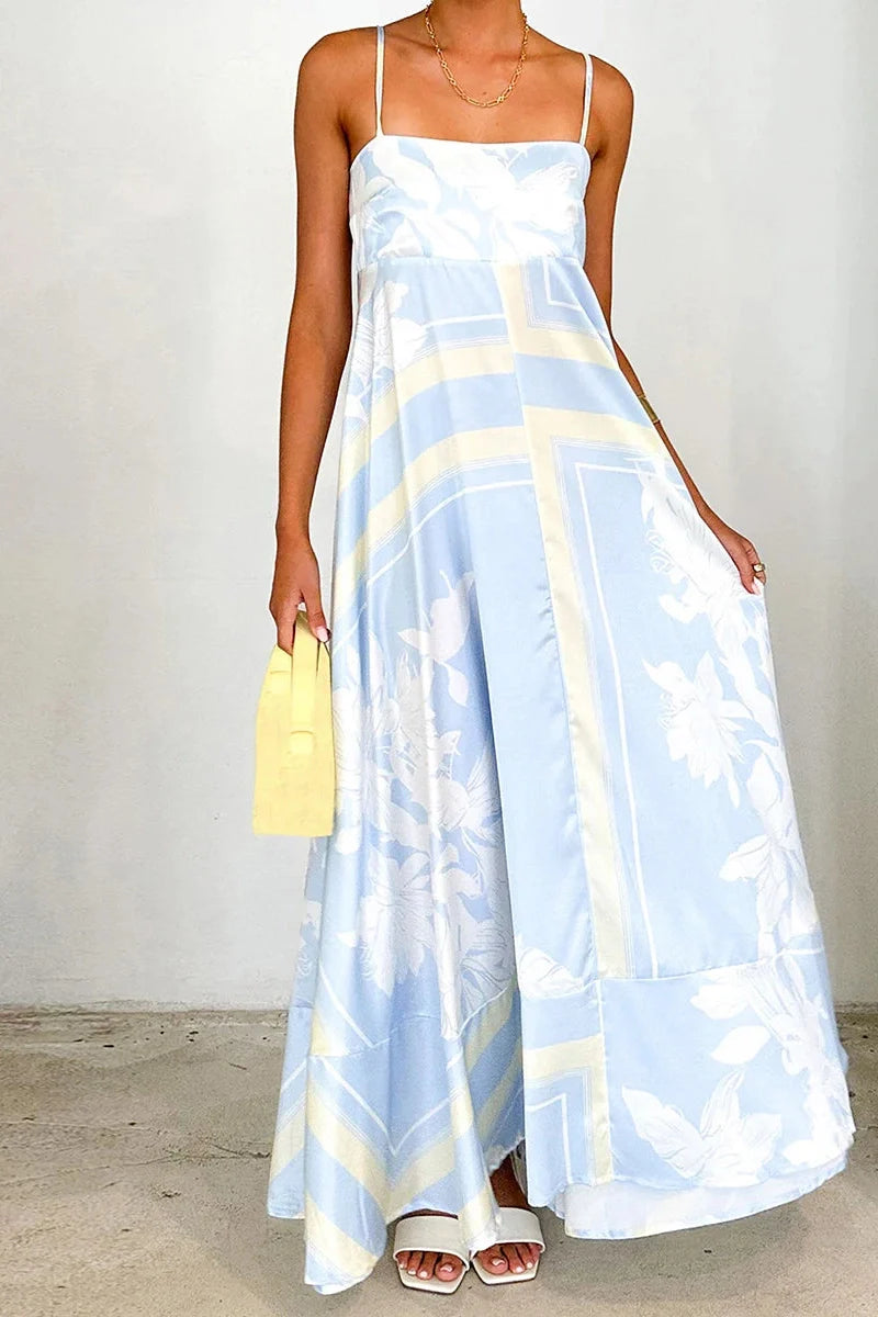 Printed Spaghetti Strap Backless A-Line Maxi Dress