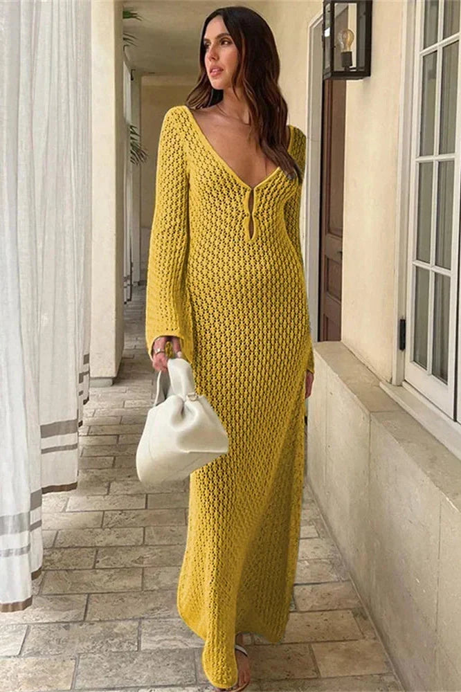 See-Through V-Neck Backless Maxi Dress