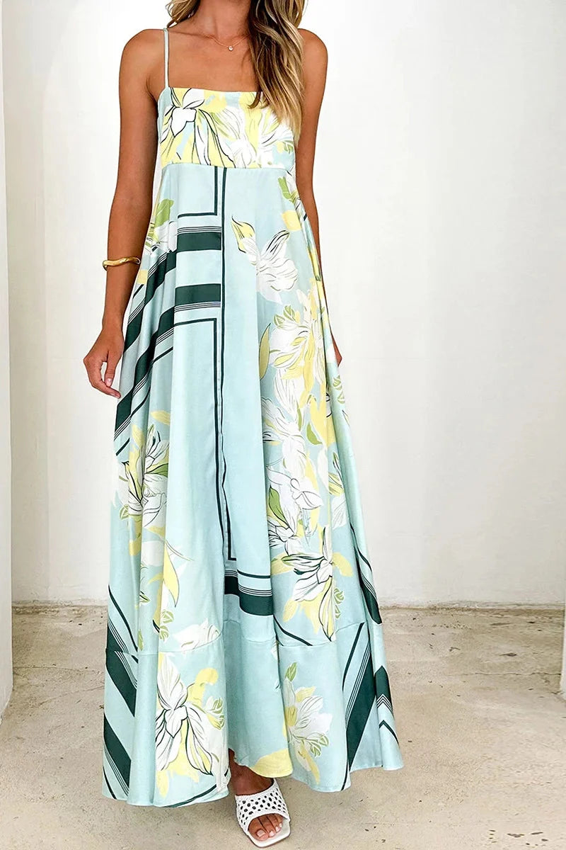 Printed Spaghetti Strap Backless A-Line Maxi Dress