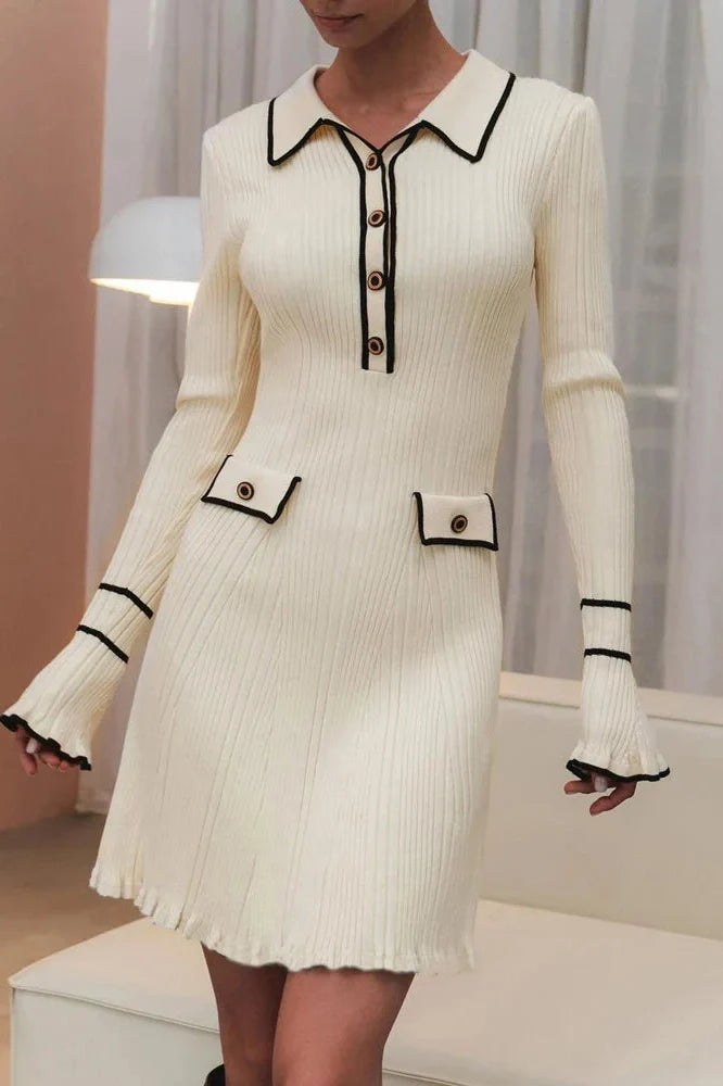 Patchwork Knit Long Sleeve Slim Midi Dress