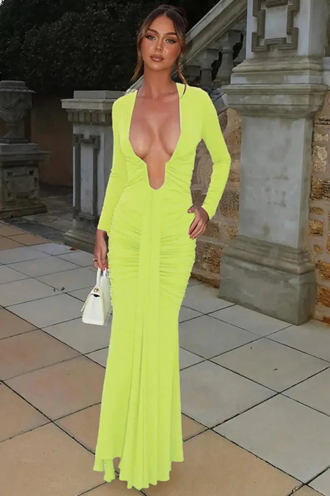 Deep V Neck Long Sleeve Bodycon Maxi Dress