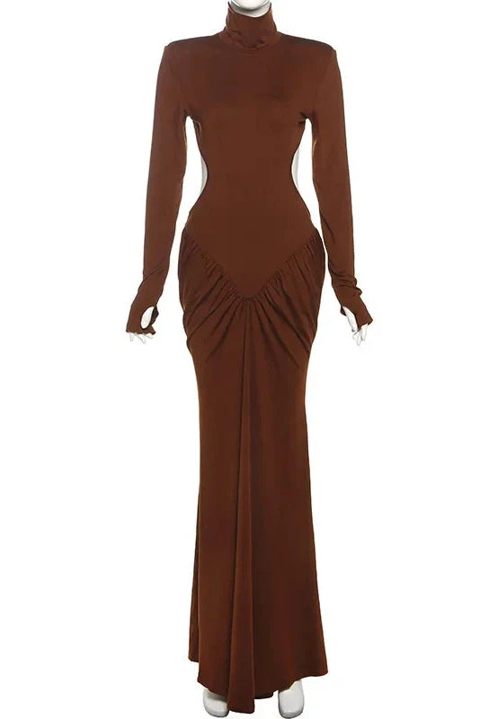 Elegant Backless Turtleneck Long Sleeve Maxi Dress