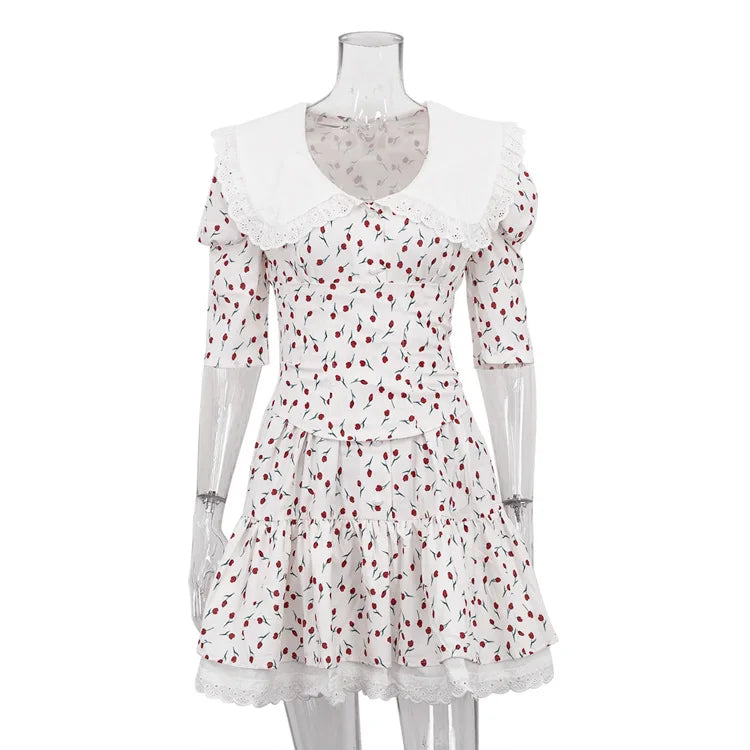 Short Sleeve Lace High Waist Mini Dress