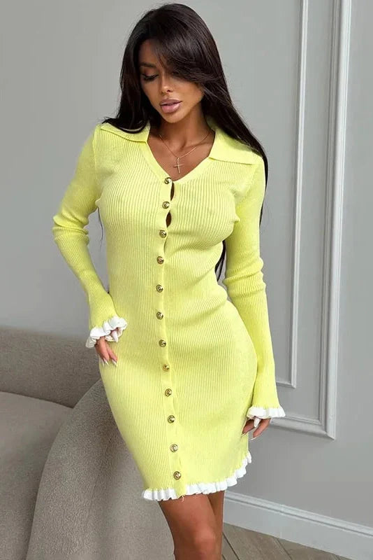 Elegant Knitted Long Sleeve Single-Breasted Bodycon Mini Dress