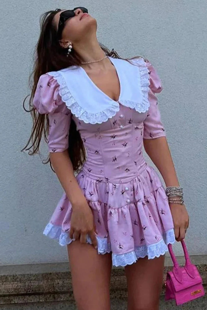 Elegant Lace-Up Slim Lace Short Sleeve Mini Dress