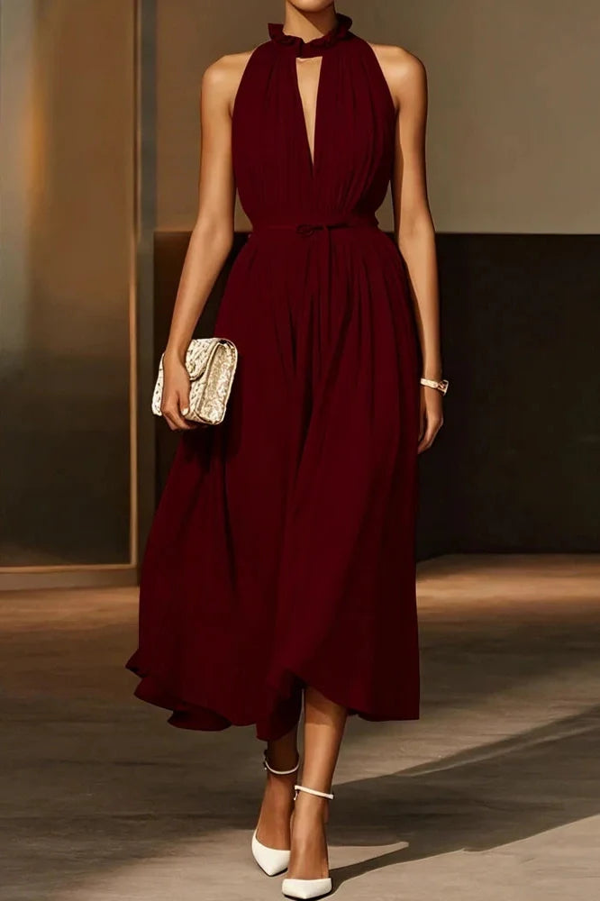 Elegant Off-Shoulder Sleeveless High Waist Backless Pleated Midi Dress