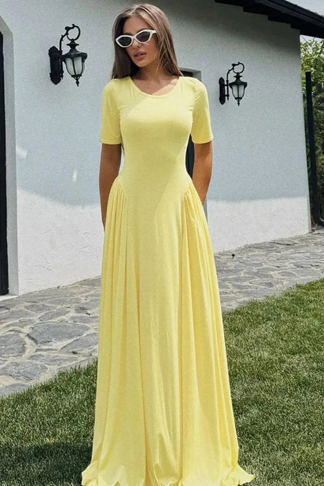 Short Sleeve O Neck High Waist Pleated Maxi Dress