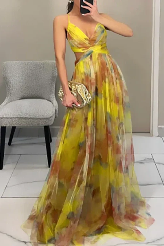Elegant Print Pleated V Neck High Waist Backless Maxi Dress