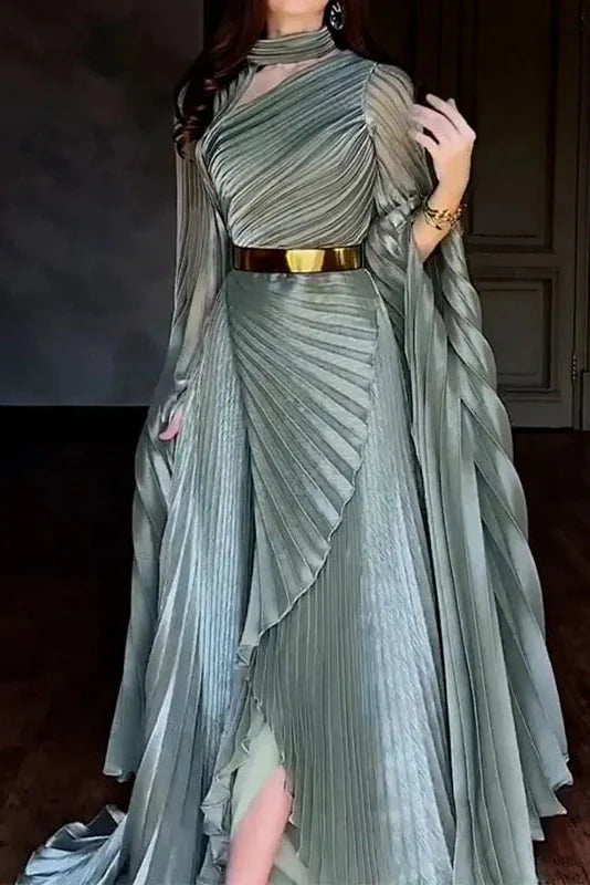 Elegant Hollow Out Printed Slit Sleeve High Waist Maxi Dress