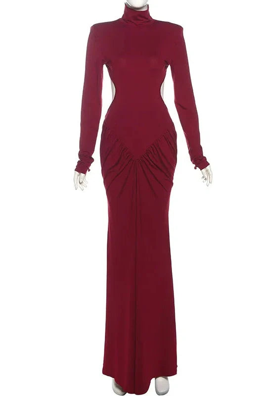 Elegant Backless Turtleneck Long Sleeve Maxi Dress