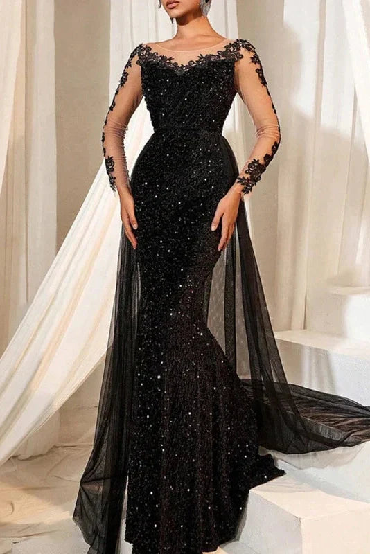 Elegant High Waist Long Sleeve Slim V-Neck Lace Maxi Dress