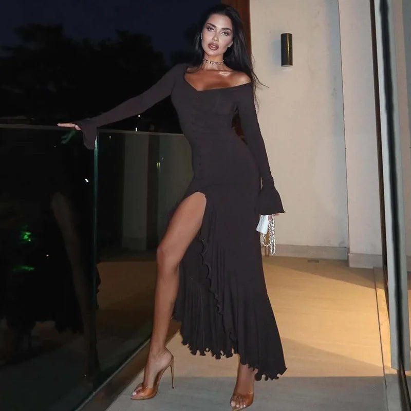 Elegant V-Neck Patchwork Long Sleeve Split Maxi Dress