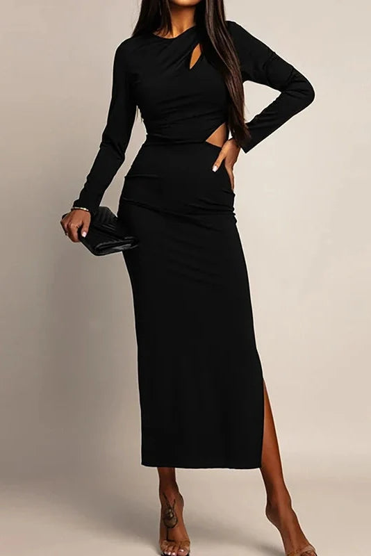 Hollow Out Long Sleeve O-Neck Bodycon Maxi Dress