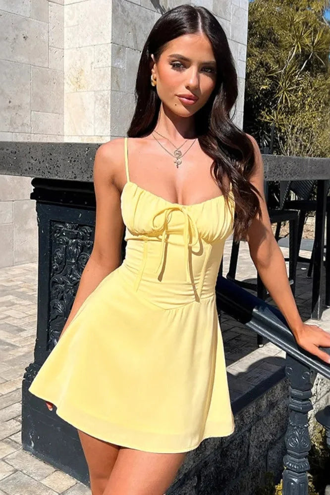 Spaghetti Strap Lace-Up Sleeveless Backless High Waist A-Line Mini Dress
