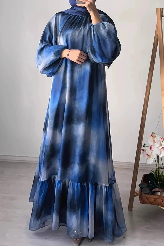 Pleated O-Neck High Waist Lace Print Long Sleeve Maxi Dress