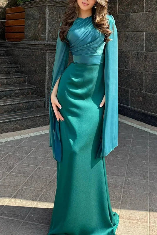 Elegant Flare Sleeve Bodycon Slim O Neck Maxi Dress