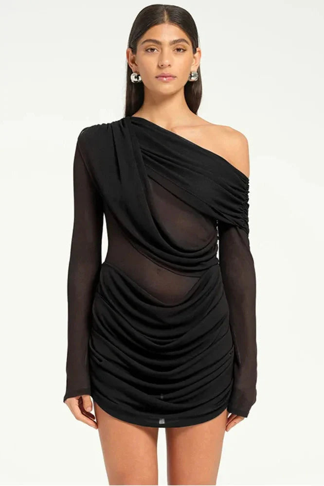 One-Shoulder Sleeve Backless Mini Dress