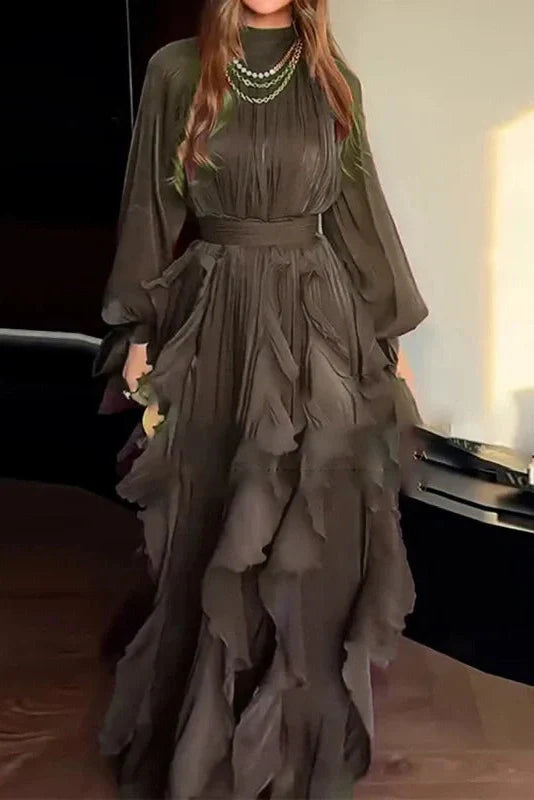 Elegant Pleated High Collar Long Sleeve High Waist Maxi Dress