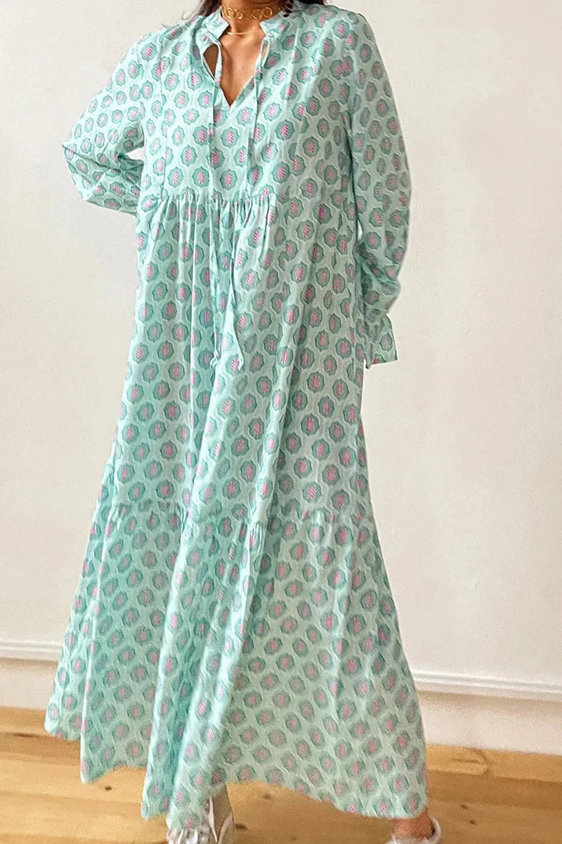 Print Tie-Up Long Sleeve V-Neck Maxi Dress