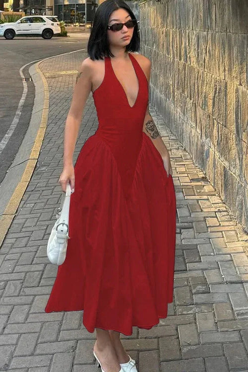 Deep V Neck High Waist Backless Midi Dress