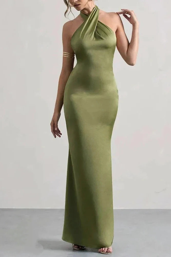 Off Shoulder High Waist Pleated Backless Slim Maxi Dress