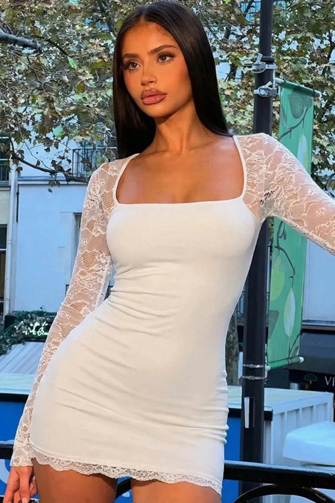 Lace Long Sleeve Patchwork Square Collar Mini Dress