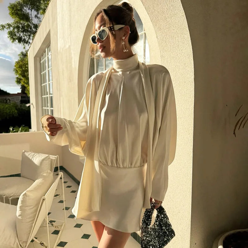 Elegant Scarf Ribbon Patchwork High Waist Mini Dress