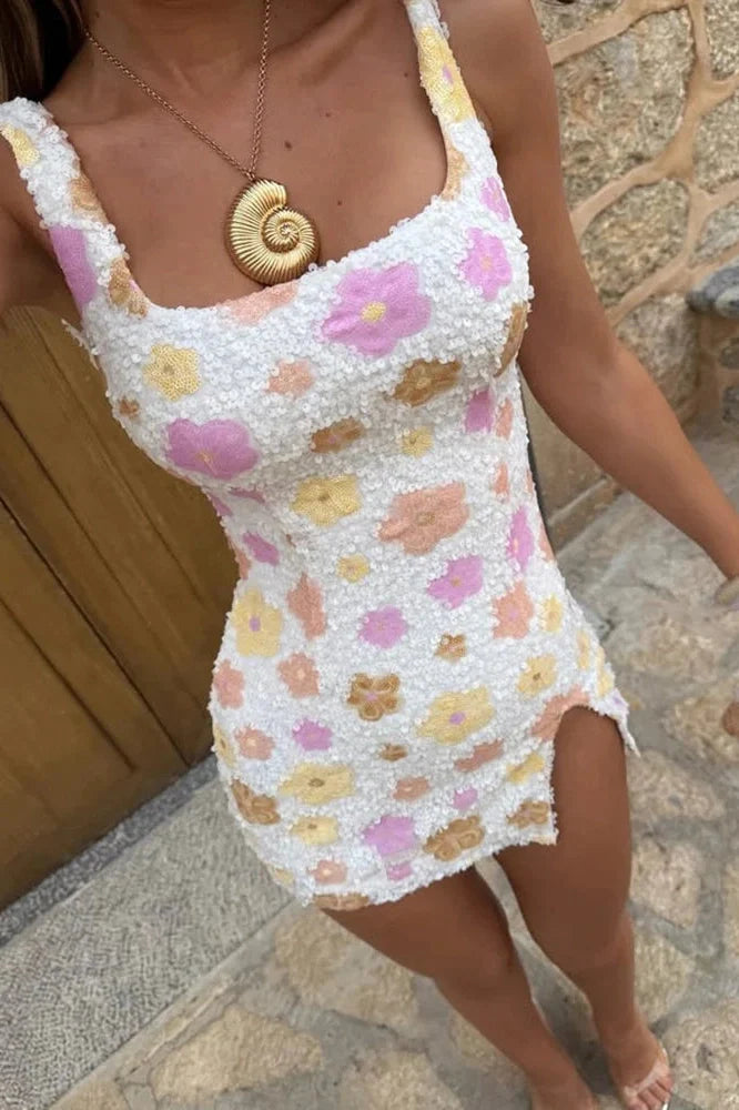Printed Square Collar Sleeveless Backless Split Mini Dress
