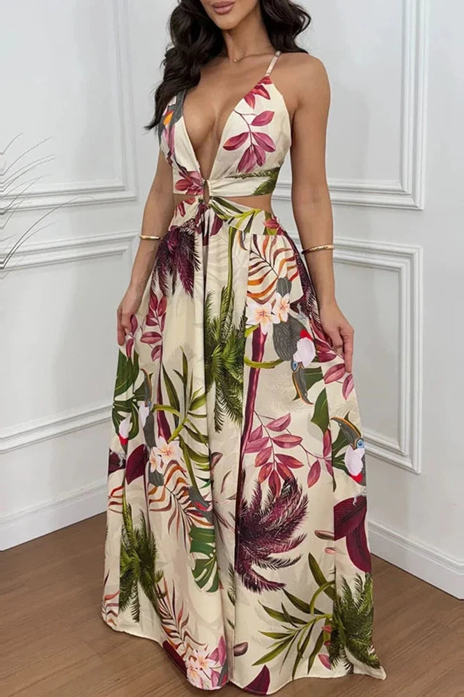 Hollow Out V-Neck Sleeveless Backless Pleated Printed Maxi Dress