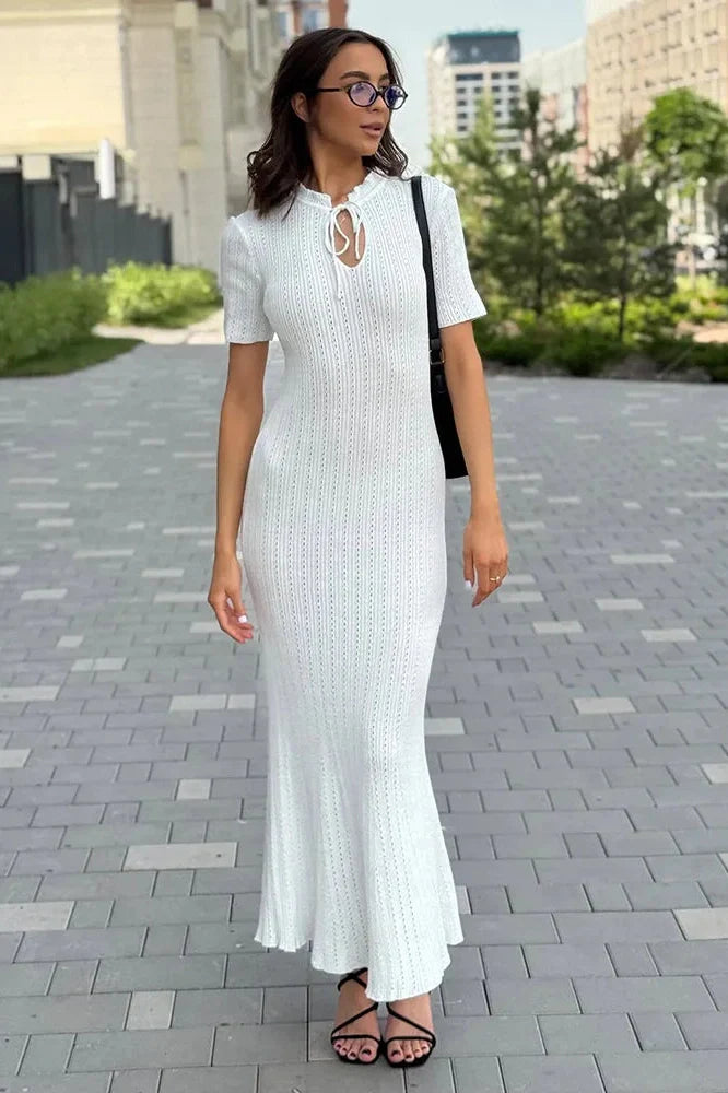 Hollow-Out Short Sleeve Knitted Slim High Waist Maxi Dress