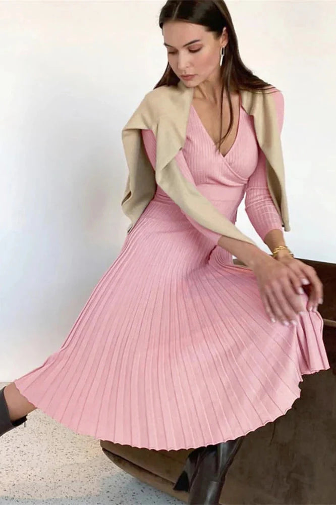 V-Neck Knitted A-Line Patchwork Midi Dress
