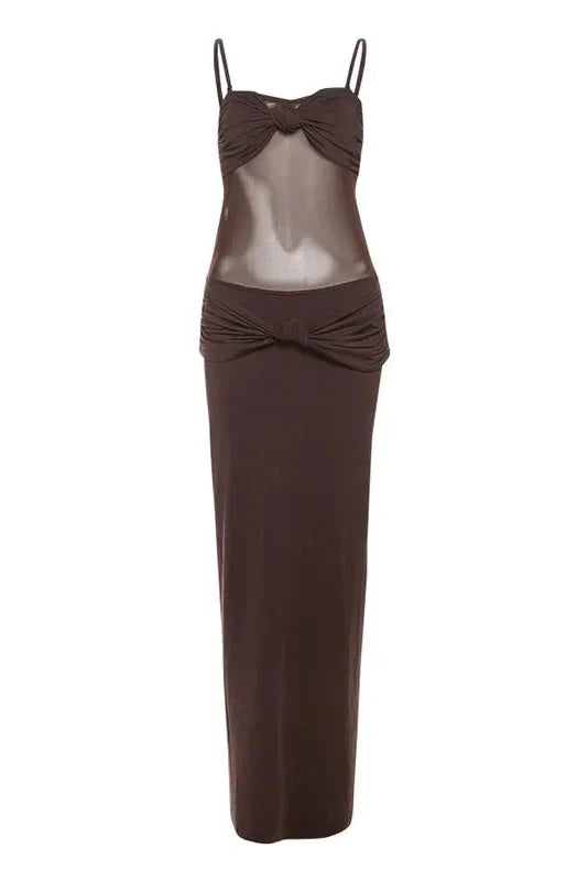 Elegant Spaghetti Strap Backless See-Through Maxi Dress