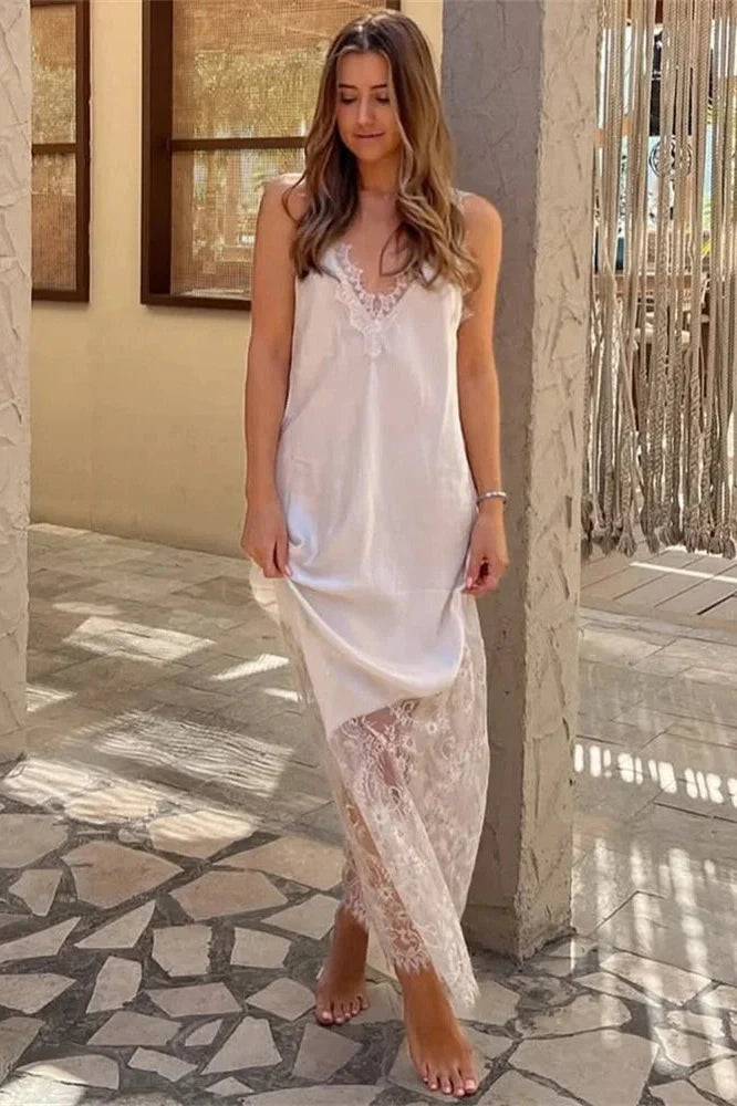 V-Neck Lace Patchwork Sleeveless Printed Slim Maxi Dress